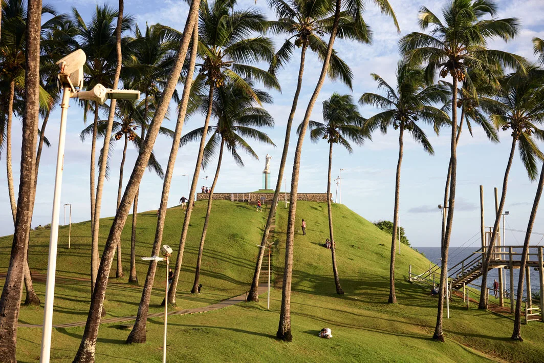 Tall coconut palms around the grassy hill of Morro do Cristo, with its statue at the top and the sea beyond, Salvador, Brazil