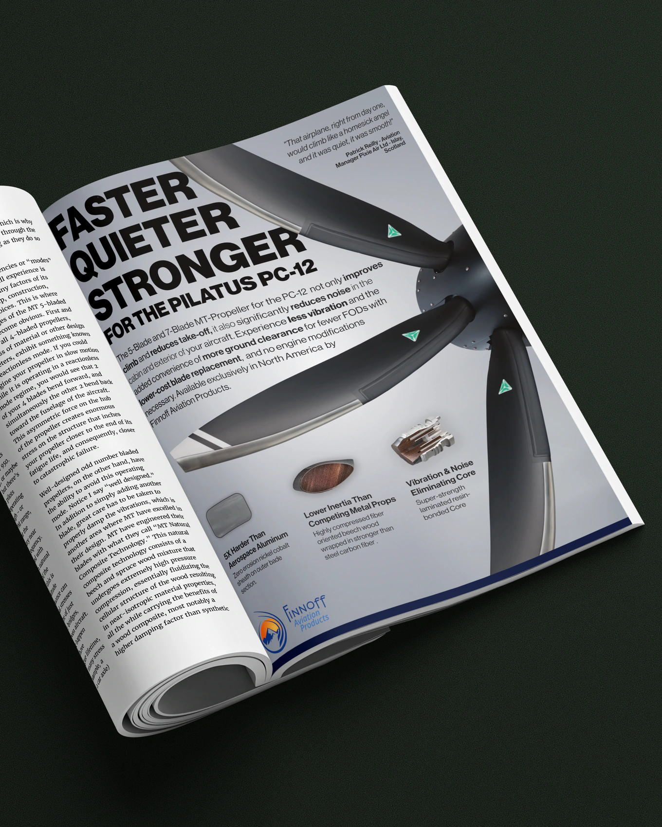 A magazine open to the Faster Quieter Stronger ad for MT five- and seven-blade propellers on the Pilatus PC-12