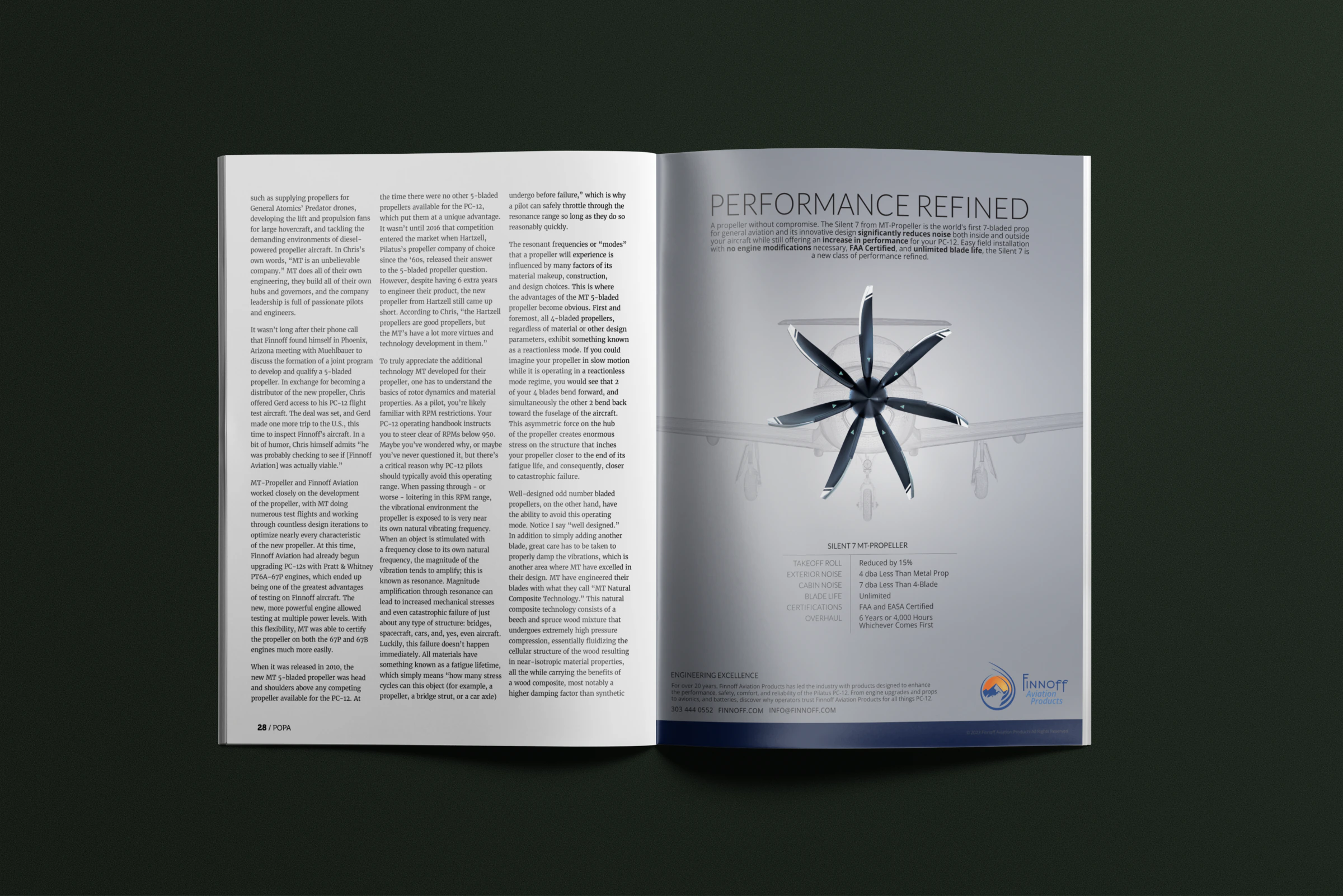 POPA magazine open on a dark table: an article on MT-Propeller and Finnoff Aviation beside the full-page Performance Refined ad with the seven-blade propeller
