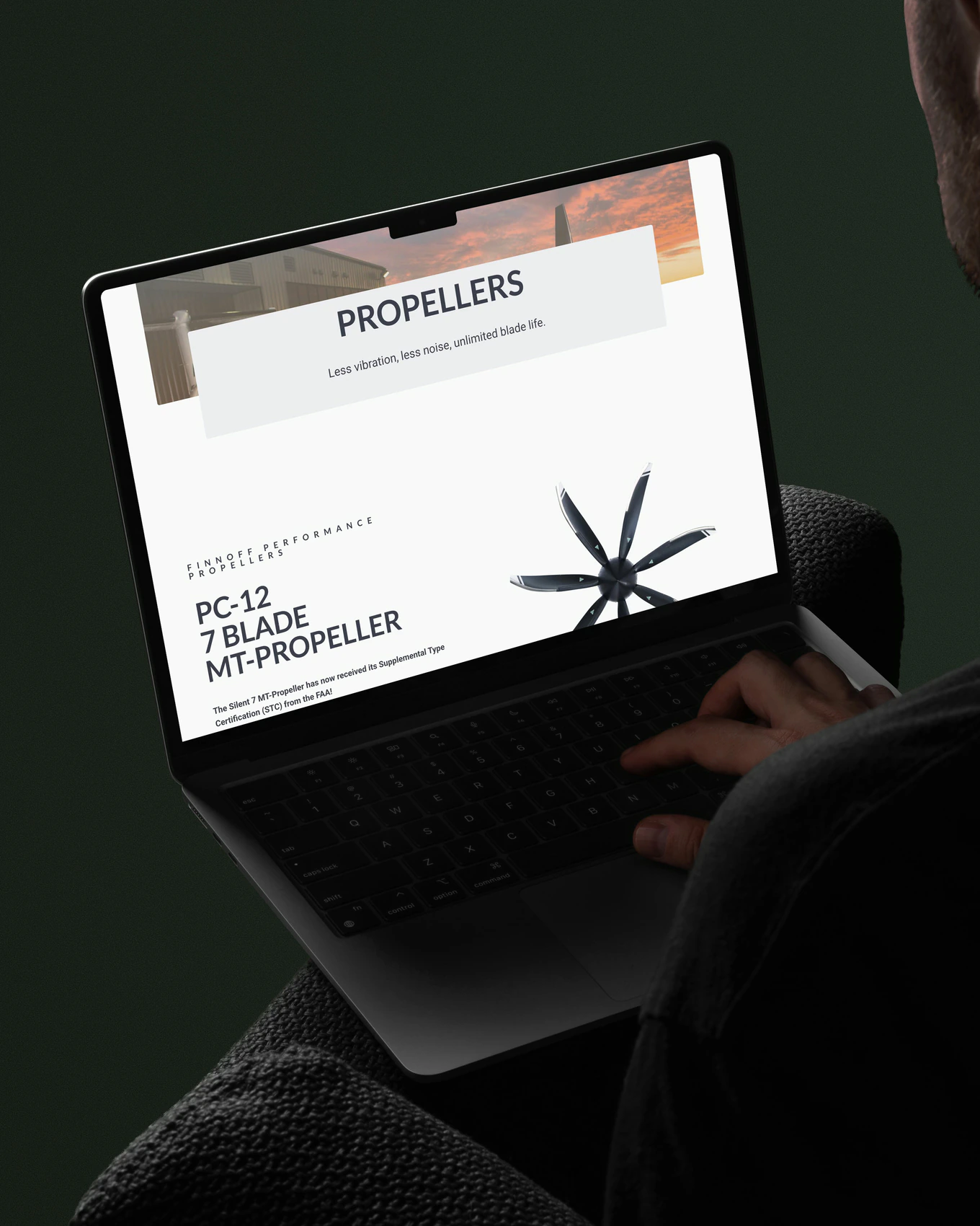 A MacBook on a lap showing the Finnoff products page: the PC-12 7-blade MT-Propeller section