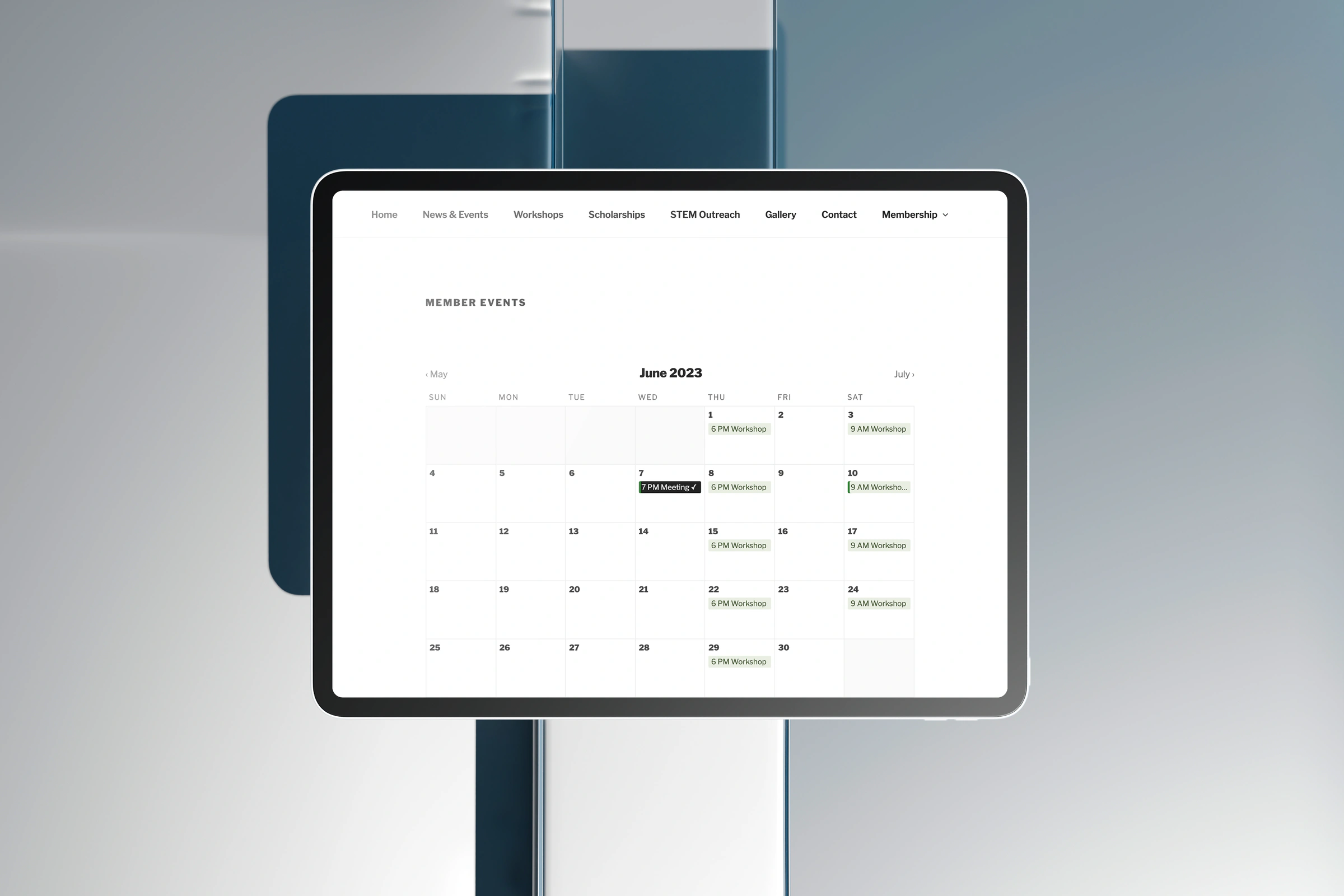 The members’ events calendar for June 2023 on a tablet: the monthly meeting and the Curtiss Jenny workshops