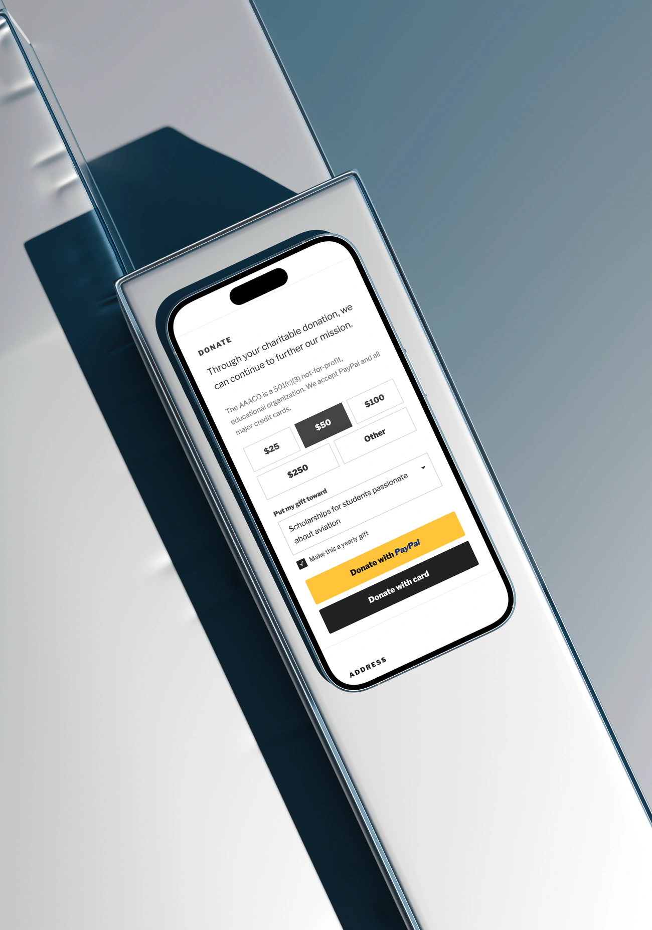 The donation page on a phone: preset amounts, what the gift supports, a yearly option, PayPal or card