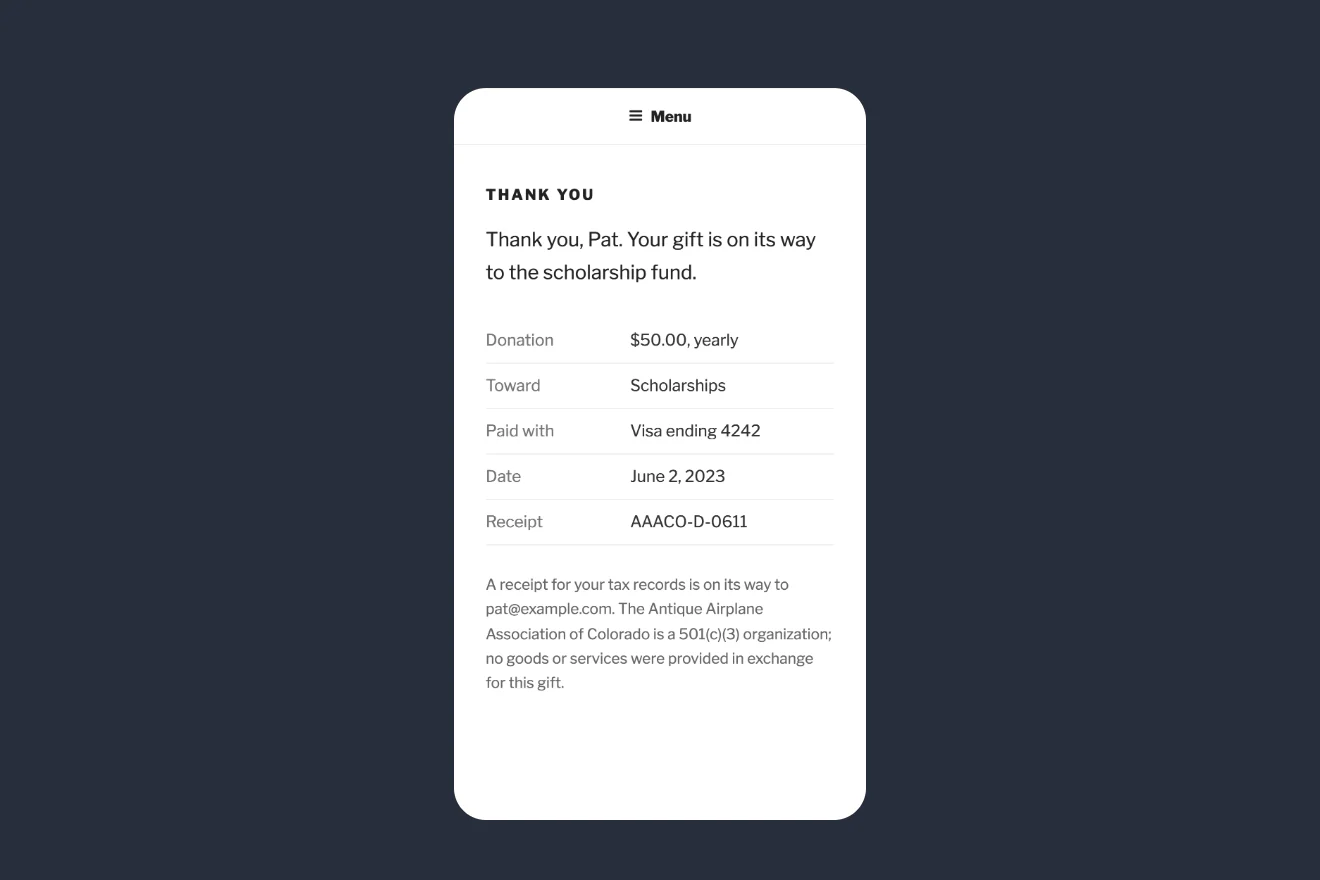 A donation receipt on a phone screen, with the amount, what it supports and the tax line