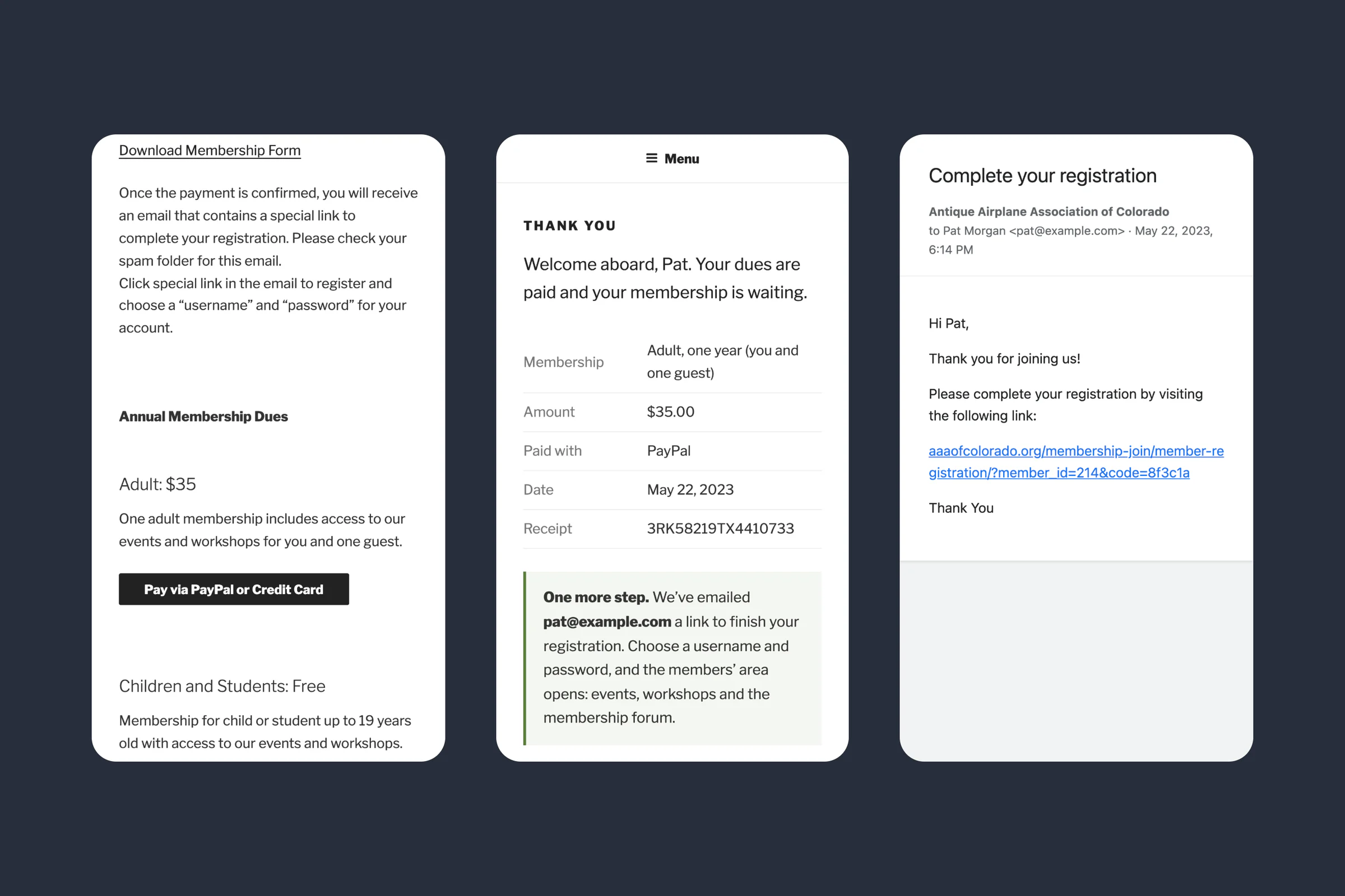 Three phone screens: the Join Us page with the PayPal button, the payment confirmation, and the email with the registration link