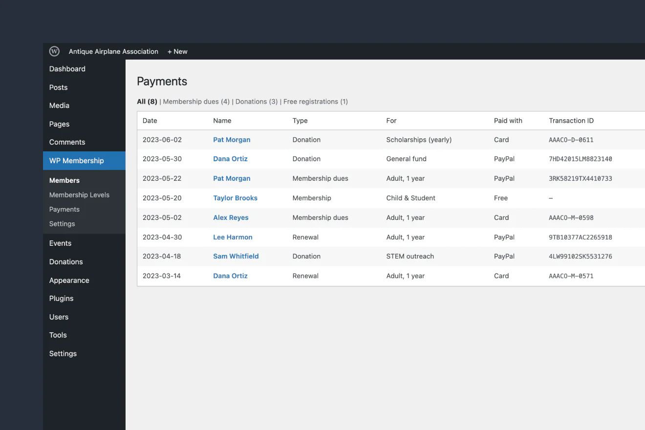 The club’s payments list in WordPress: dues, renewals and donations with how each was paid