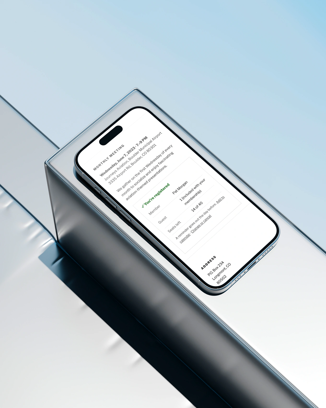 A member’s registration for the June monthly meeting, confirmed on a phone