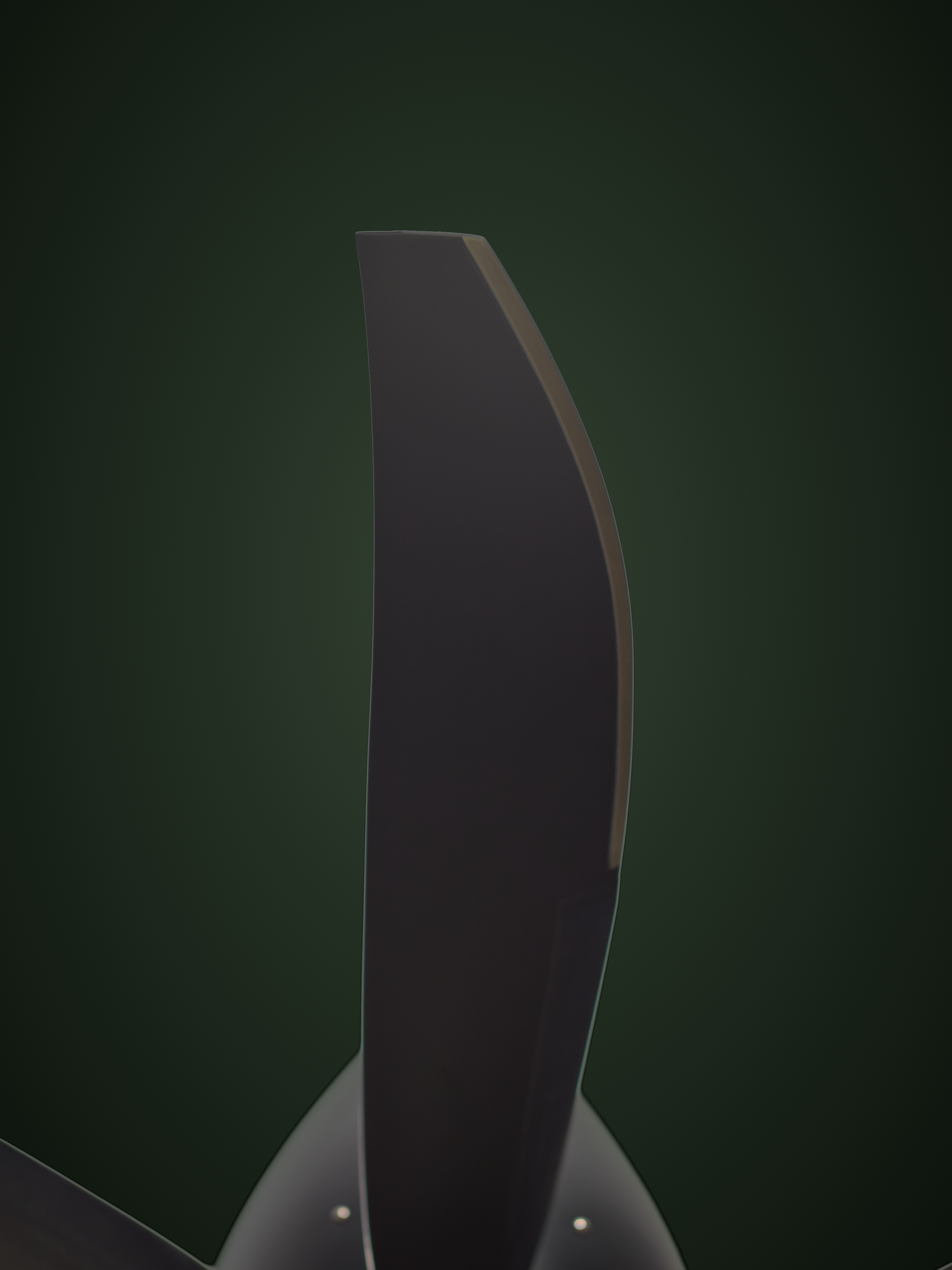 One black blade of an MT seven-blade propeller rising from the spinner, on dark green