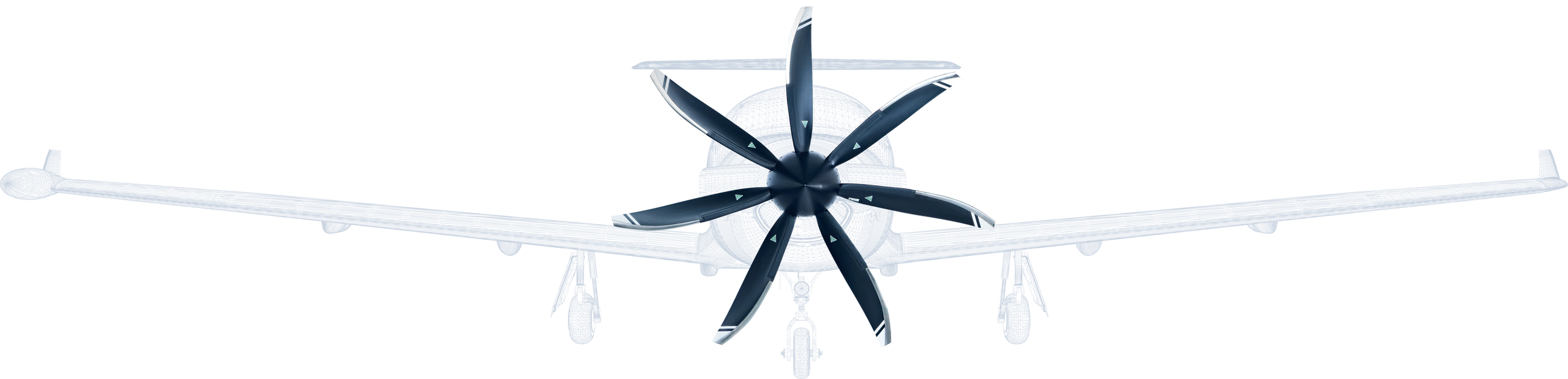 An MT seven-blade propeller on a pale wireframe Pilatus PC-12, seen head-on
