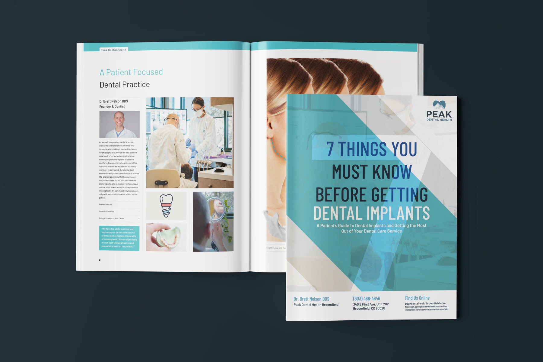 The implant book open at A Patient Focused Dental Practice and the jaw and face illustrations, beside a closed copy showing the cover